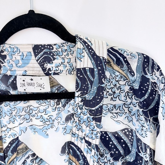 One Hundred Stars Great Wave Hokusai Kimono Jacket Navy Blue NWOT One Size - Picture 4 of 7